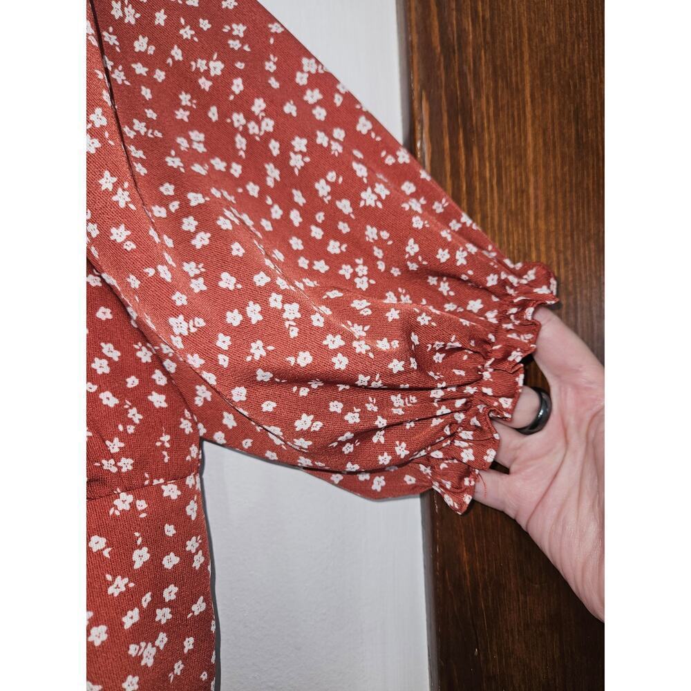 Floral Cropped Red Lace-up Off the Shoulder Puff Sleeves Womens Top Size Large - Picture 5 of 8